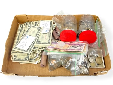 Assortment of Coins, Currency, and Tokens