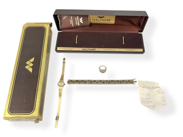 Vintage Ladies' Waltham Watch w/lBox and Papers, Matching Silver Bracelet & Ring w/Rubies, Sapphires