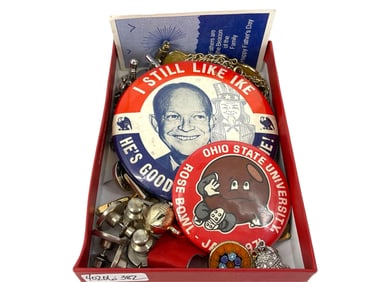 Vintage Political Tin Campaign Buttons, OSU 1971 Rose Bowl Button, Gold-Tone Band, Vintage