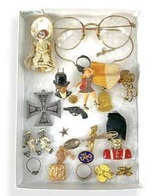 Wonderful Vintage Lot: Spectacles, Girl Scout Rings, Charlie McCarthy Pin w/Moving Mouth, Tiny