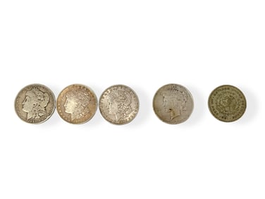 (4) U.S. Silver Dollar Coins (1) Mexican Coin