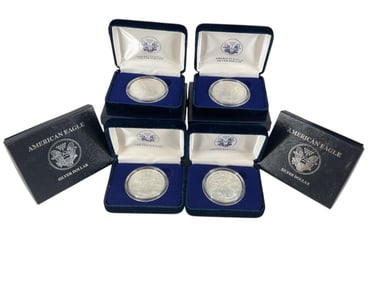 Four 2008 Uncirculated Silver Eagle Dollar Coins in Boxes
