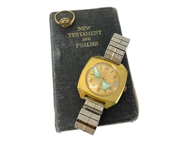 Small Vintage New Testament & Psalms Book, Vintage Caravelle Dual-Tone Men's Watch & "K"