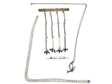 Artisan Made Brooch w/Long Tassel Drops, Two Silver Necklaces and a Silver-Tone Bar Brooch Pin