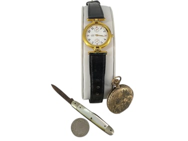 Old Gold-Filled Pocket Watch Case, 1907 US 5-Cent Coin, Mother-of-Pearl Pocketknife, JAZ Paris