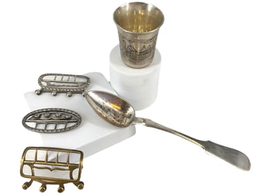 19th Century Russian Silver Spoon and Vodka Glass, Three Antique Buckles - One Dated 1783