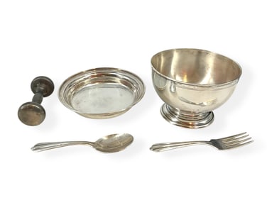 Sterling Silver Stieff Sugar Bowl, Matching Small Spoon & Fork and a Baby's Barbell Rattle
