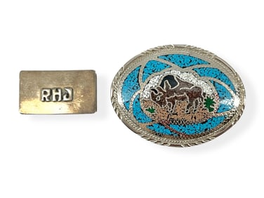 Hand-Made Silver Case w/Initials and Silver-Tone Belt Buckle w/Buffalo Design