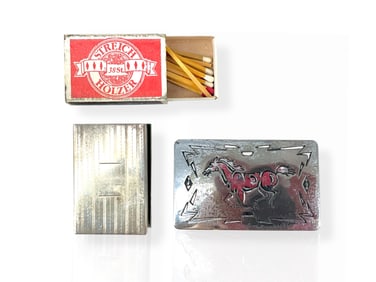 Vintage/Antique Silver Matches Holder and Silver-Tone Belt Buckle