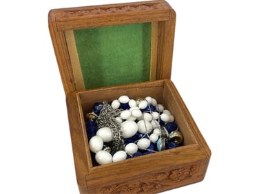 Floral Carved Wood Box Made in India and Contents Including Cobalt Glass Bracelet, Silver Larimar