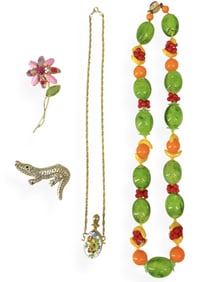 Colorful Vintage Fruit Necklace, Pretty Pink Fashion Pin, Hungry Alligator Brooch, Vintage Enameled