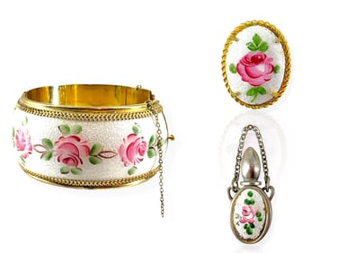 Gorgeous Hallmarked "WHITING & DAVIS" Wide Bangle Bracelet w/Enamel & Pink Roses, a Pin/Pendant