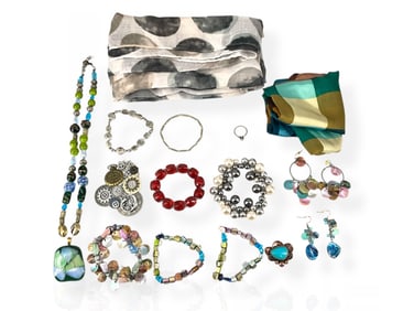 Two Fashion Scarves, Fashion Jewelry, Silver Solitaire Ring and More