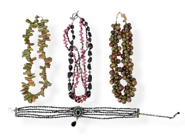 Two Unakite Necklaces, Signed Freshwater Pearl and Glass Bead Necklace and a Signed "Graziano"