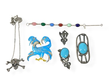 Large Vintage Fantastical Beast Rooster Brooch, Vintage Snake & Floral Buckle Set, Vintage Scarab