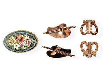 Signed "Renoir" Vintage Copper Earrings and Vintage Mosaic Brooch Marked "Italy"
