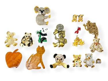 Collection of Teddy Bear Fashion Jewelry and Vintage Pins Made of Wood