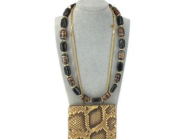 Snakeskin Covered Vintage Cigarette Case, Black Bead w/Gold Swirl Fashion Necklace and Gold-Tone