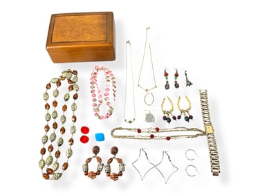Solid Maple Jewel Box w/Burled Maple Top Plus Fun Fashion Jewelry