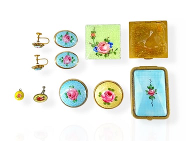 Vintage Enamel Rouge Compact w/Other Matching Pieces, Yellow Enamel Brooch and Other Misc. Vintage