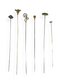 Six Shorter Vintage Hatpins with Decorative Tops