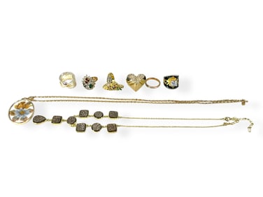 Five Fashion Rings, Floral Porcelain Signed Gold-Tone Necklace, Gold-Tone Druzy-Type Necklace and a