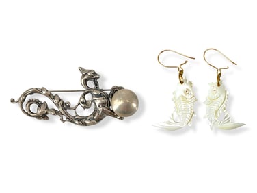 Vintage Dragon Pin Stamped "Cini" in Silver and Mother-of-Pearl Fish Designed Earrings