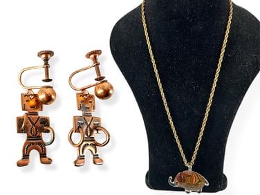 Necklace w/Art Glass Elephant Pendant and Vintage Copper Earrings