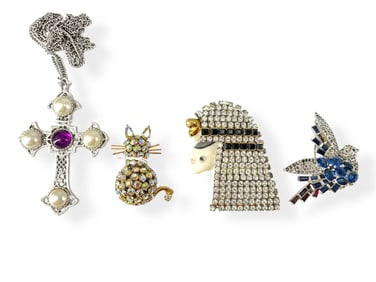 Four Pretty Pieces: Vintage Sarah Coventry Cross Necklace, Fabulous Bird Brooch, Artist-Signed