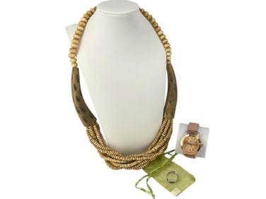 Cool Fashion Necklace w/Wood Decoration, "NY&C" Rose-Tone Watch, Silver Ring