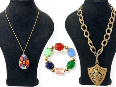 Vintage Heraldic Necklace - Likely Bergere, Scarab Pin and Multi-Color Pendant Necklace