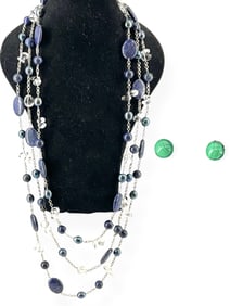 Fancy Three-Strand Necklace Featuring Clear Glass Beads, Polished Lapis Stones and Blue Iridescent