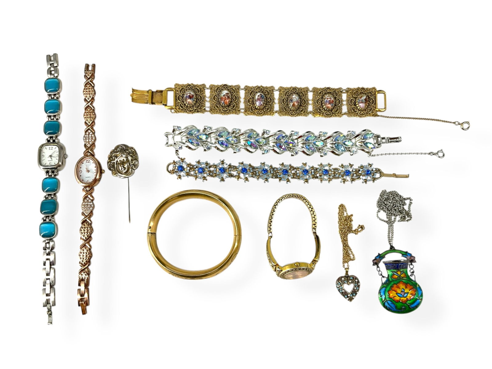 Quartz Fashion Watches, Vintage Gold-Filled Bangle Bracelet, Signed "Coro" Sparkling Fashion: Quartz Fashion Watches, Vintage Gold-Filled Bangle Bracelet, Signed "Coro" Sparkling Fashion Bracerlet, Fashion Bracelet w/Porcelain Plaques, Vintage Asian Vinaigrette and MoreLot has three pre-owned