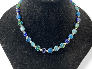 Pretty Silver & Blue Murano-Type Glass Necklace
