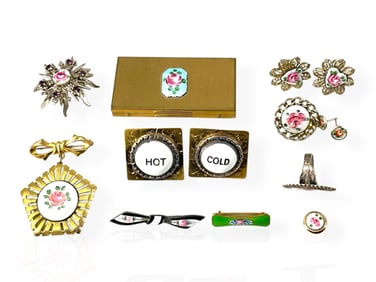 Vintage Lot of Painted Enamel Jewelry Including "Hot/Cold" Porcelain Earrings and Silver Pieces