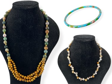 Fashionable Stone & Pearl Necklace, Freshwater Pearl Necklace w/Bronze Color Pearls & 14k Clasp and