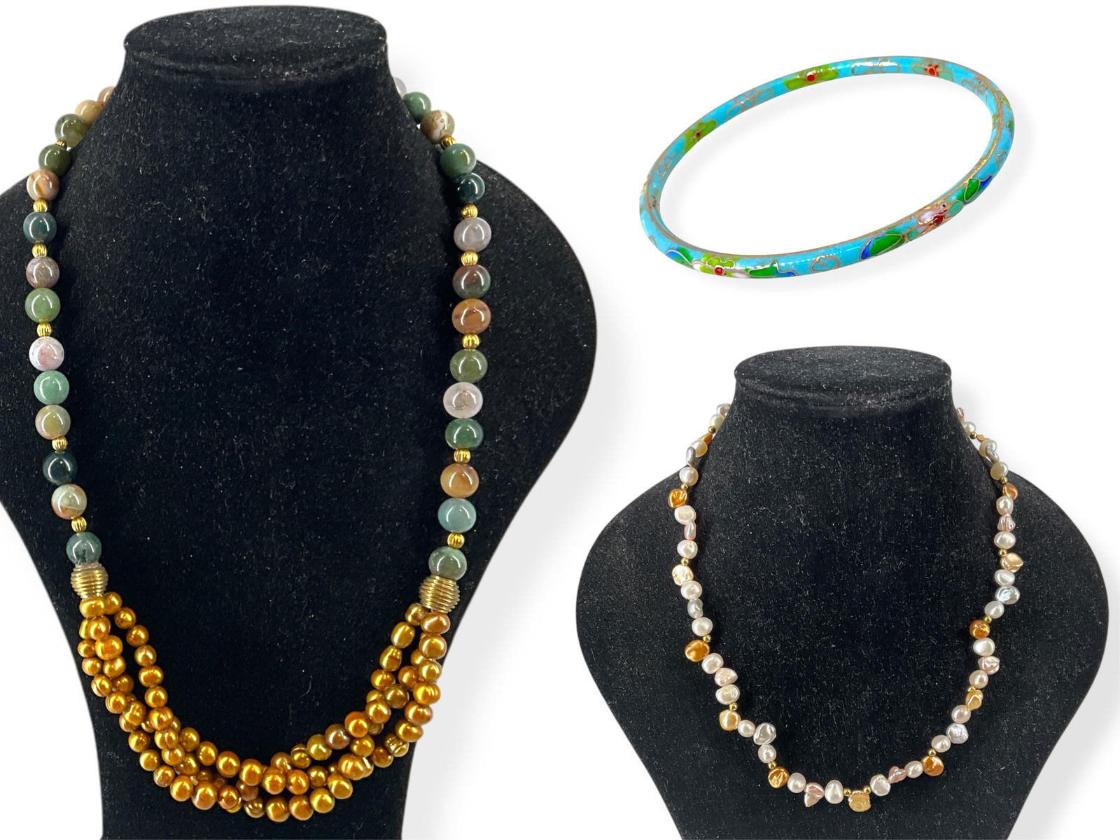 Fashionable Stone & Pearl Necklace, Freshwater Pearl Necklace w/Bronze Color Pearls & 14k Clasp and: Fashionable Stone & Pearl Necklace, Freshwater Pearl Necklace w/Bronze Color Pearls & 14k Clasp and CloisonnÈ Designed Bangle BraceletNeat necklace features 10.5mm stone beads in dendritic quartz, ja