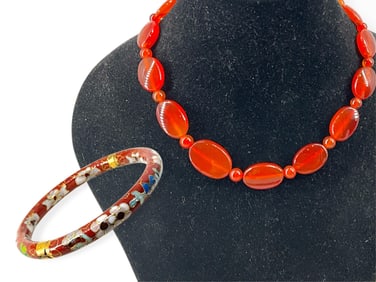 Timeless Carnelian Stone Necklace and Hinged CloisonnÈ Bracelet in Russet Color