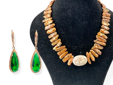 Bronze Color Biwa Pearl Necklace and Beautiful Drop Earrings w/Rose-Tone Finish and Pear-Shaped Drop