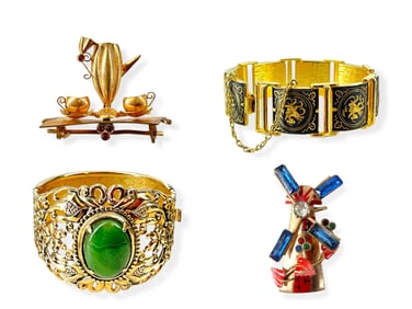 Vintage Fashion Jewelry Including Wonderful Novelty Pins, Damascene Bracelet and More