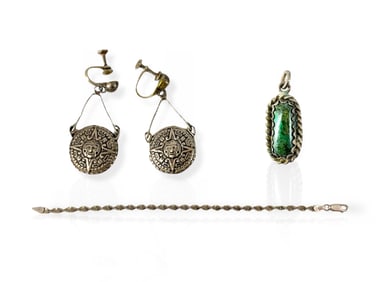Three Sterling Silver Jewelry Pieces Including Aztec-Inspired Earrings