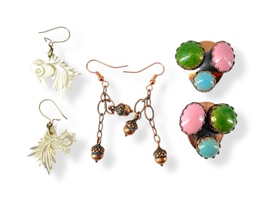 Signed "Matisse" Vintage Copper Earrings, Copper Acorn Earrings and Mother-of-Pearl Fish Designed