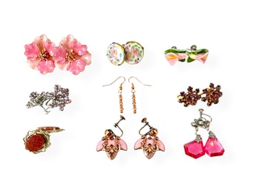 Nine Pair of Vintage Earrings in Shades of Pink - One Pair by Matisse, One by Coro, Two in Porcelain