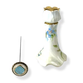 Little Limoges Hatpin Holder and Enamel Hatpin with Stone Center