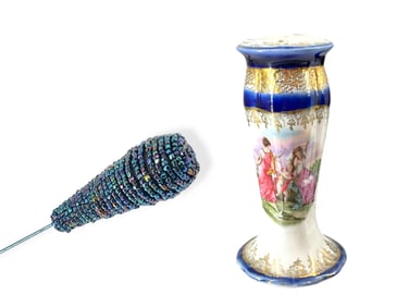 Vintage Hatpin Holder Made in Germany and Dark Blue Beaded Hatpin
