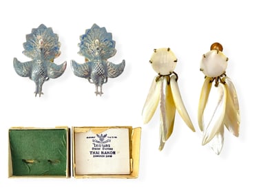 Vintage Silver Earrings Marked "Siam" w/Original Box and Vintage Mother-of-Pearl Drop Earrings