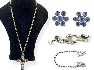Signed "Emmons" Vintage Fashion Cross Necklace, Hallmarked "Coro" Blue Fashion Crystal Earrings and