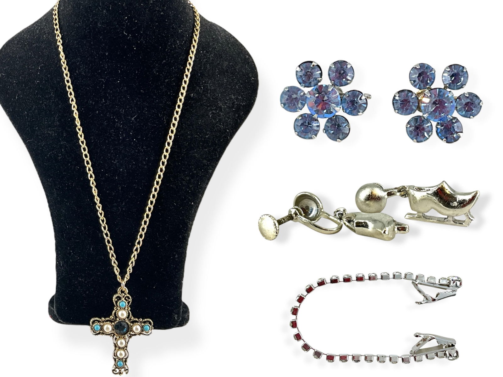 Signed "Emmons" Vintage Fashion Cross Necklace, Hallmarked "Coro" Blue Fashion Crystal Earrings and: Signed "Emmons" Vintage Fashion Cross Necklace, Hallmarked "Coro" Blue Fashion Crystal Earrings and MoreSigned "Emmons" fashion necklace has a chain which is approx 24" long supporting an approx 2 1/2