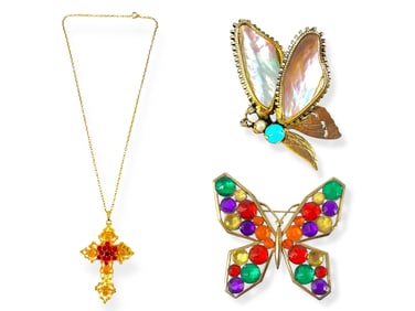 Two Hallmarked Colorful Vintage Butterfly Brooches and a Lovely Cross Necklace