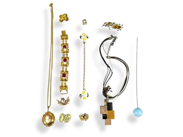 Eclectic Lot: Vintage Hatpin w/Blue Porcelain Ball Top, Old Shell Earrings, Vintage Indian Moccasin